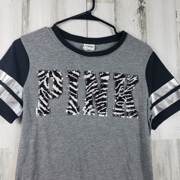 Pink Victoria's secret VS black, gray, white sequin tshirt women's size XS - Picture 2 of 8